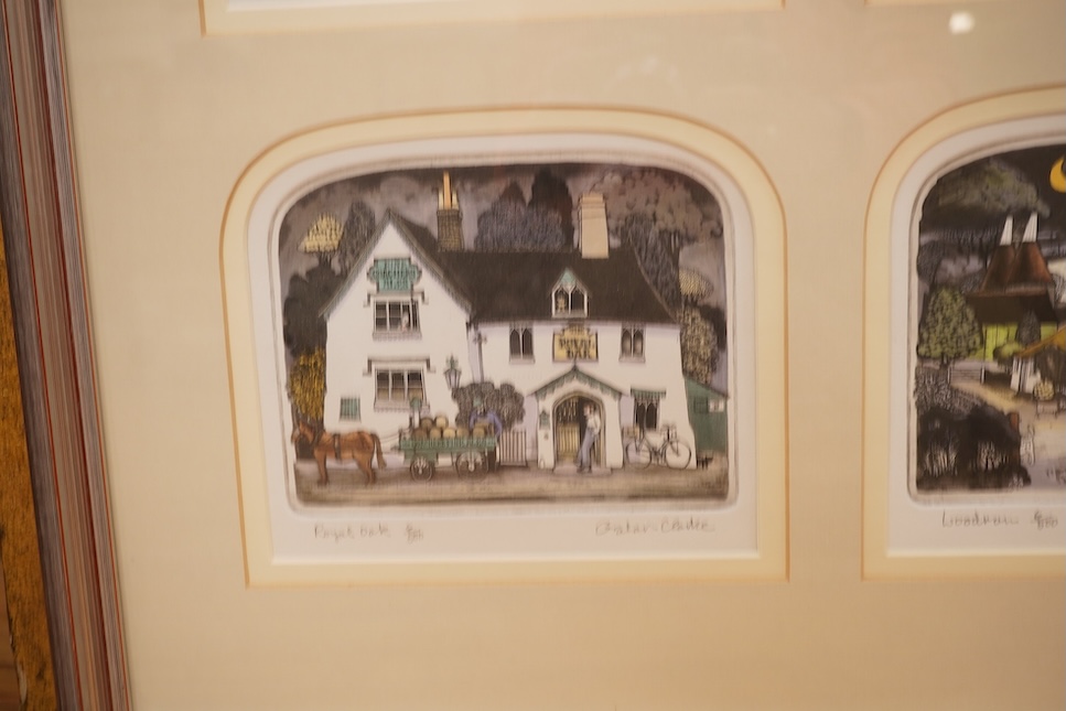 Graham Clarke (b.1941), set of four etchings with aquatint, comprising 'Dewdrop', 'Breeze', 'Royal oak' and 'Woodman', each signed in pencil, each limited edition 6/500, sheet uncut, overall size 54 x 60cm